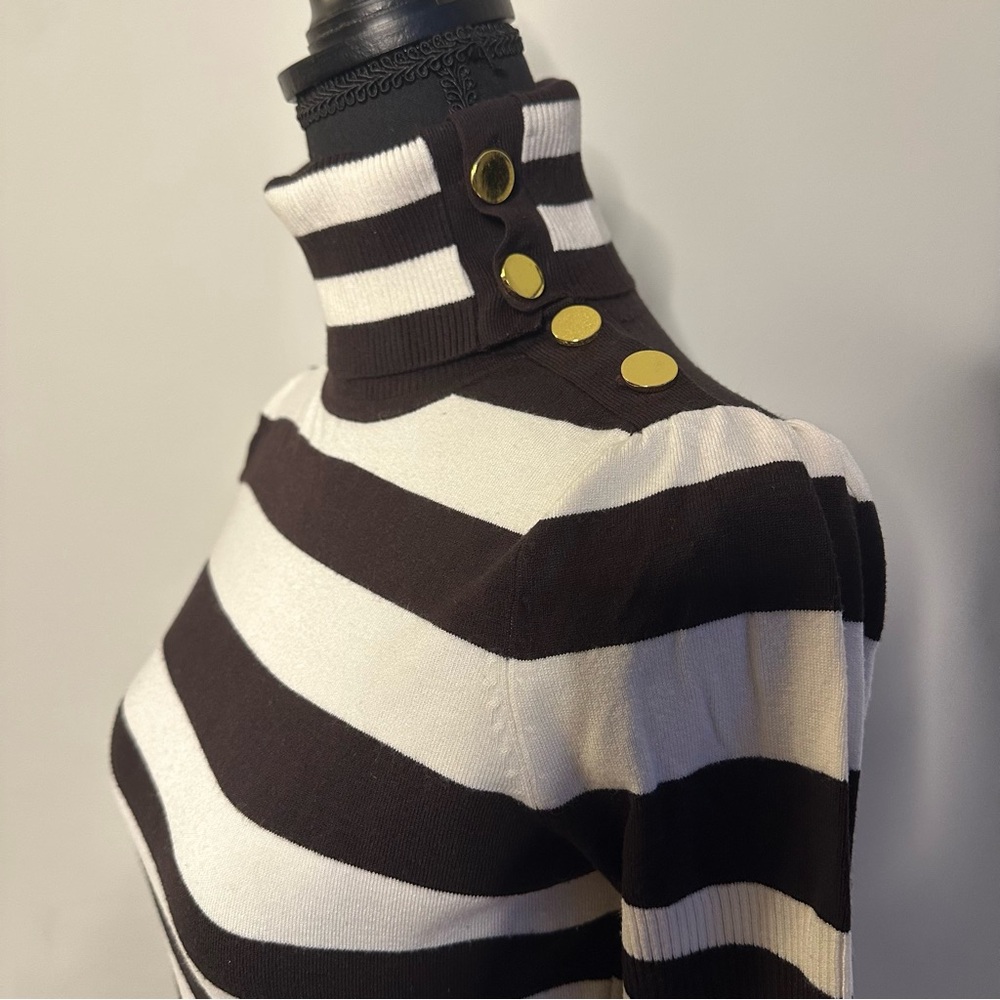 Cache Chocolate Brown & Ivory Striped Turtleneck Sweater Gold Buttons Size M - Picture 3 of 15